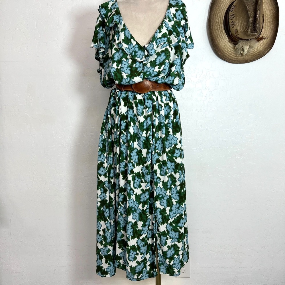 Time and Tru Blue Green Floral Flutter Sleeve Midi Dress Plus Size 1X 16W-18W